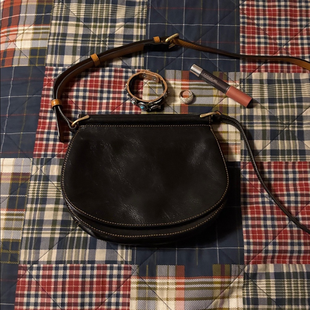 Vera Bradley black leather saddle Bag - Picture 1 of 9